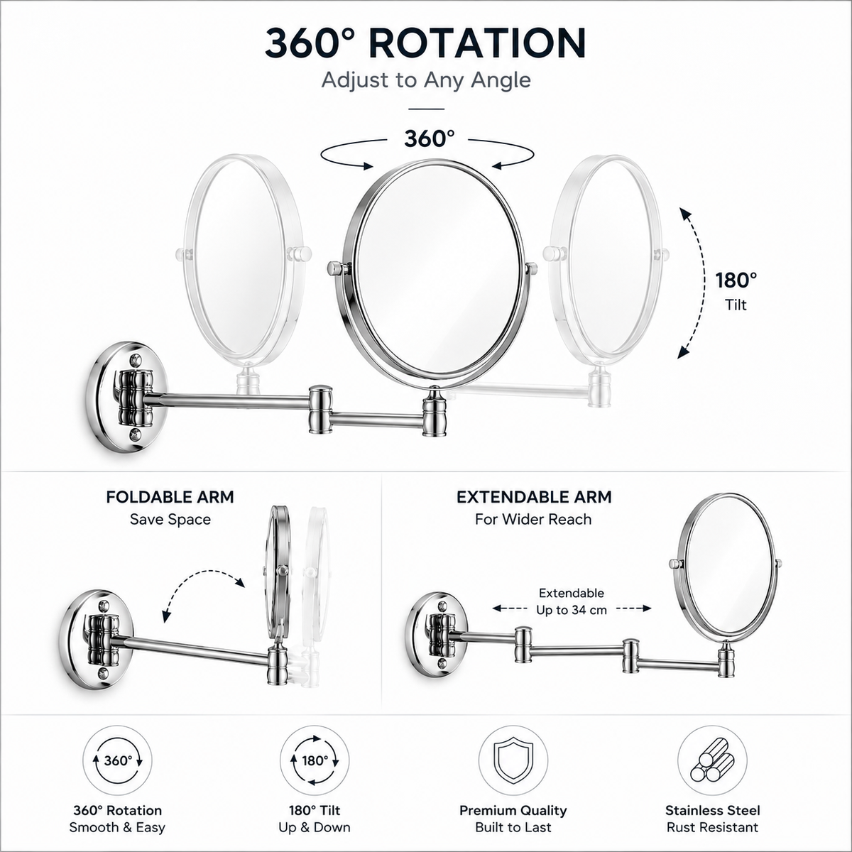 Premium Wall-Mounted Adjustable Bathroom Mirror