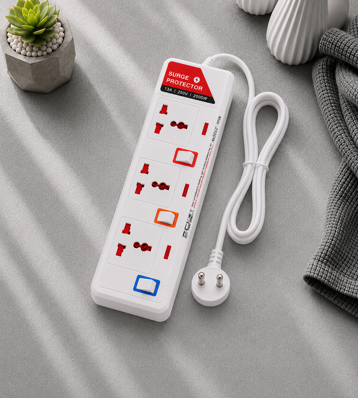 Fixora 2500W Power Extension Board – 3 Universal Sockets , Individual On/Off Switches