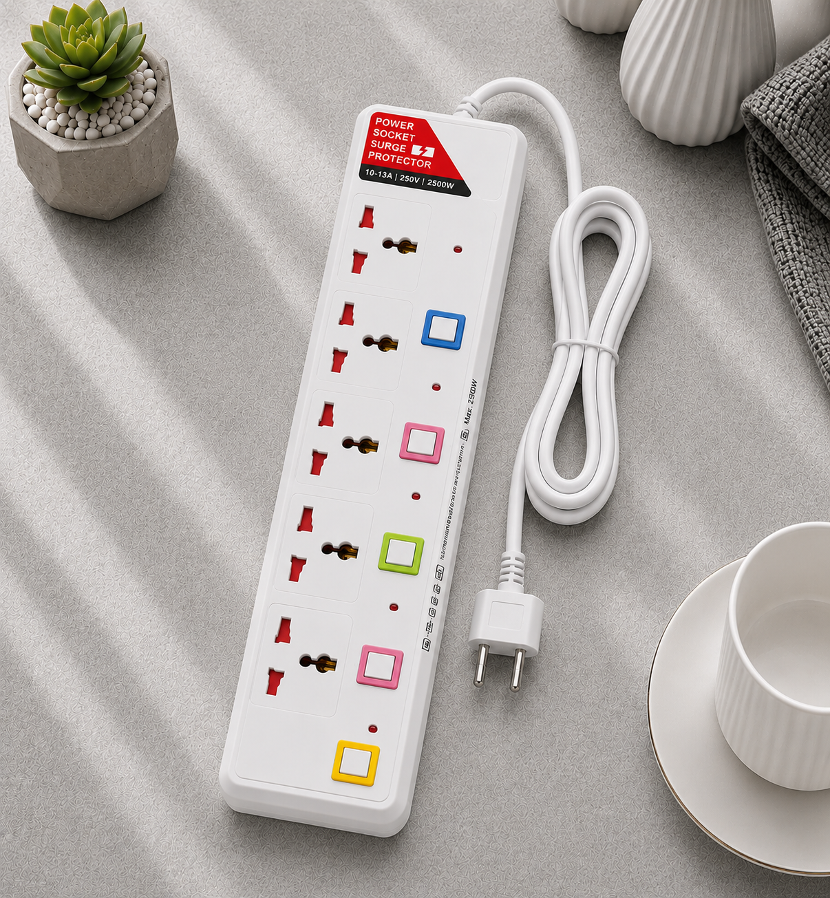 Fixora 2500W Power Extension Board – 5 Universal Sockets , Individual On/Off Switches