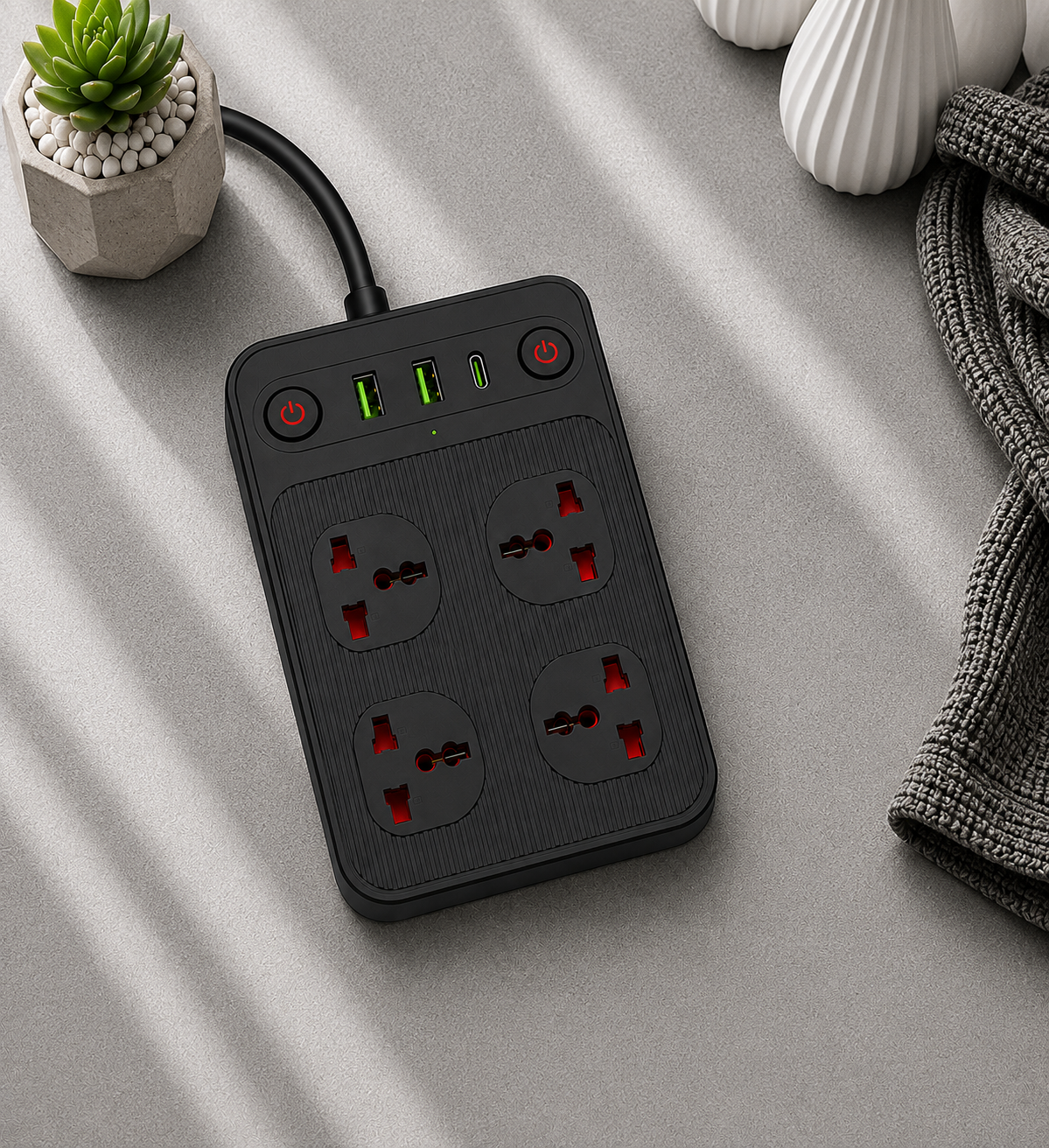 Fixora 2500W Premium Power Extension Board – 4 Universal Sockets, 2 USB Ports & 1 Type-C Port
