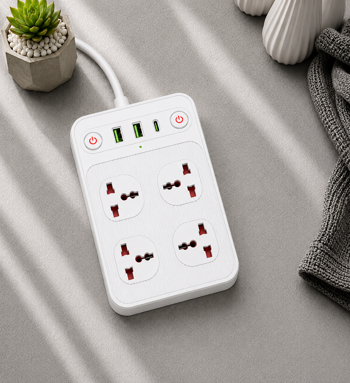 Fixora 2500W Premium Power Extension Board – 4 Universal Sockets, 2 USB Ports & 1 Type-C Port